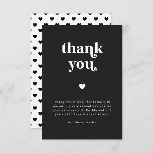 レトロハートブラック&ホワイトベビーシャワー サンキューカード (正面/裏面)