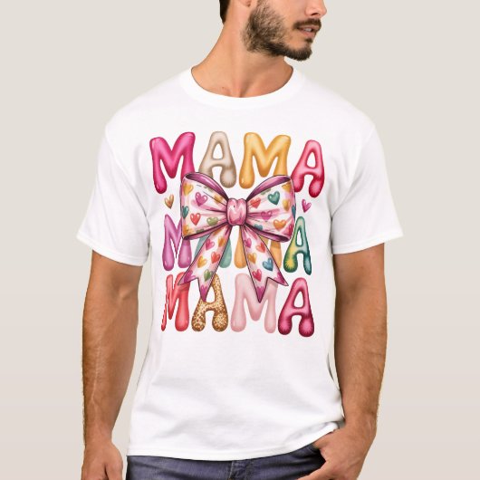レトロハートリボンママスタックデザイン Tシャツ (正面)