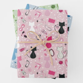 レトロハート猫と水玉模様 ラッピングペーパーシート