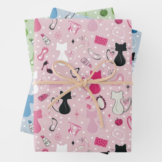 レトロハート猫と水玉模様 ラッピングペーパーシート (インサイチュ)