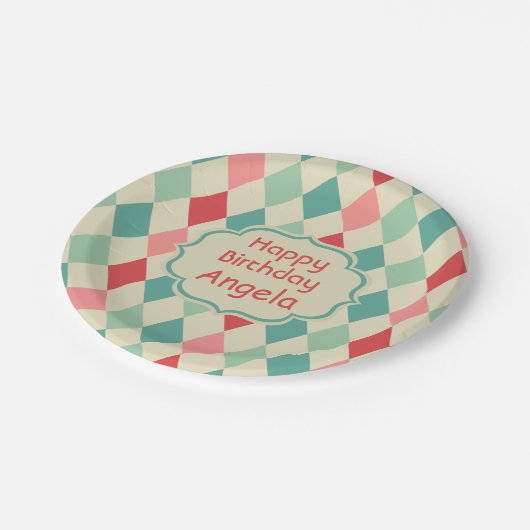レトロハーレクイン幾何学的パタパーソナライズされたーン ペーパープレート (アングル)