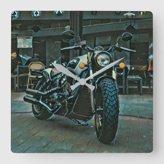 レトロバイクのバイク乗りの贈り物 スクエア壁時計 (正面)