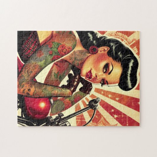 レトロバイクもしくは自転車に乗る人のピンアップ ジグソーパズル (横)