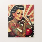 レトロバイクもしくは自転車に乗る人のピンアップ ジグソーパズル (縦)