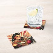 レトロバイクもしくは自転車に乗る人のピンアップ スクエアペーパーコースター (インサイチュ)