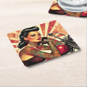 レトロバイクもしくは自転車に乗る人のピンアップ スクエアペーパーコースター (アングル)