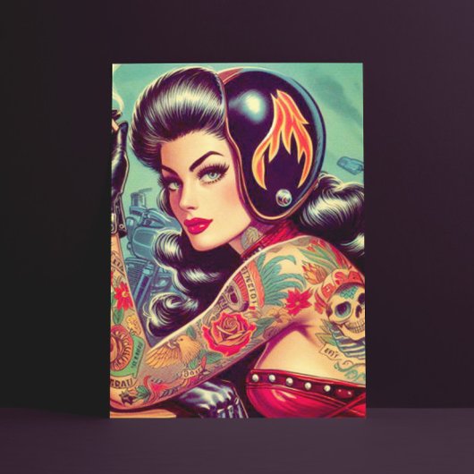 レトロバイクもしくは自転車に乗る人ガール ポストカード