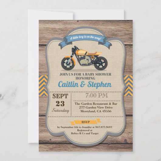レトロバイクベビーシャワー招待イエローバイク 招待状 (正面)