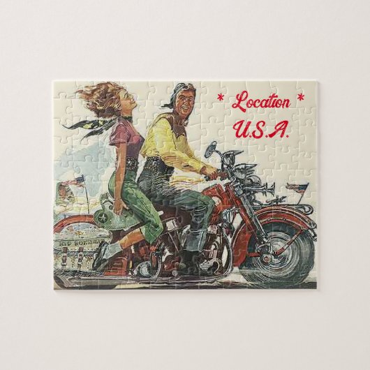 レトロバイク乗りヴィンテージスタイル パーソナライズされた ジグソーパズル (横)