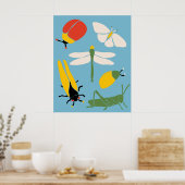 レトロバグ虫イラストレーションライトブルー ポスター (キッチン)
