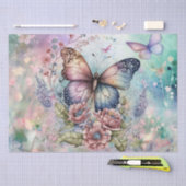 レトロバタフライフローラ水色 薄葉紙 (クラフト)