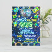 レトロバック90sブルーグリーンネオングロー誕生日 招待状 (スタンド正面)