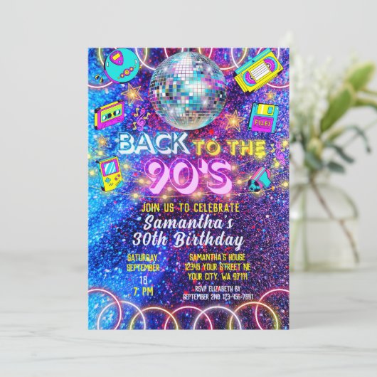 レトロバック90s鮮カラフルやかなネオン輝きパーティー 招待状 (スタンド正面)