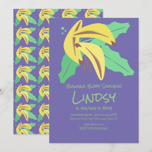 レトロバナナパープルベビーシャワー招待状 招待状 (正面/裏面)