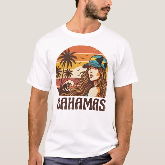 レトロバハマビーチ 女性 夏の休暇 夕日 Tシャツ (正面)