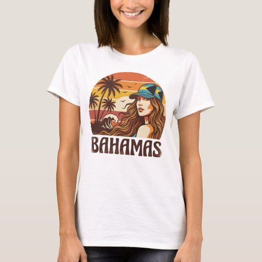 レトロバハマビーチ 女性 夏の休暇 夕日 Tシャツ (正面)