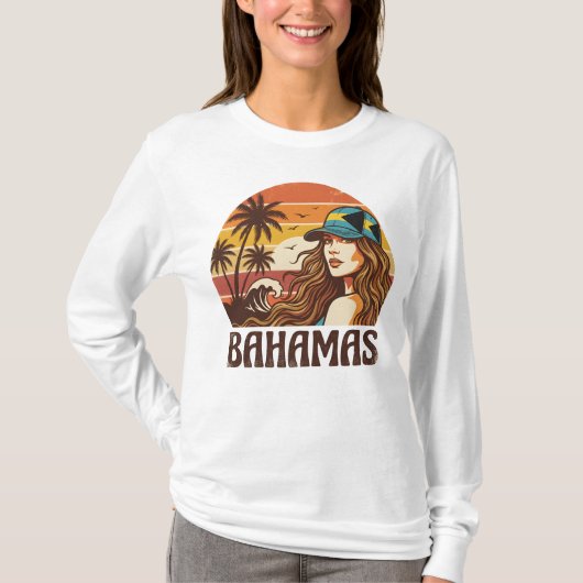 レトロバハマビーチ 女性 夏の休暇 夕焼け Tシャツ (正面)
