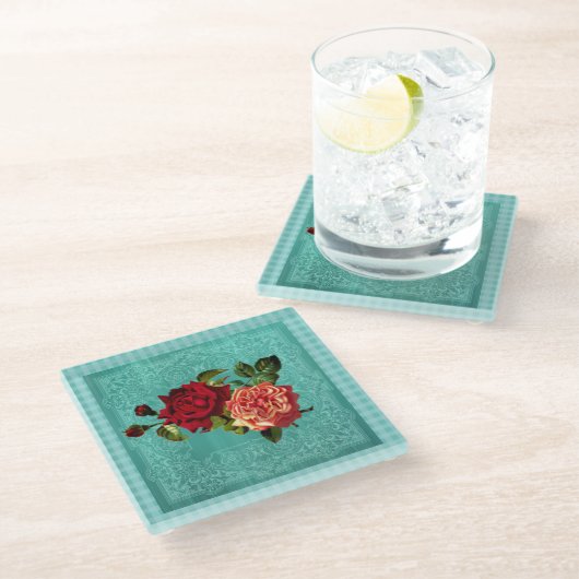 レトロバラブルーグリーンヴィンテージ国 ガラスコースター (アングル)