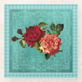 レトロバラブルーグリーンヴィンテージ国 ガラスコースター (正面)