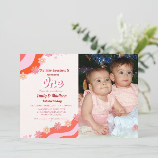 レトロバレンタインスウィートジョイントファースト誕生日 招待状 (スタンド正面)