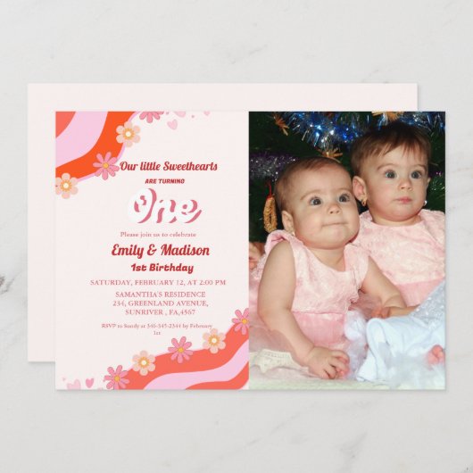 レトロバレンタインスウィートジョイントファースト誕生日 招待状 (正面/裏面)