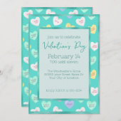 レトロバレンタインデイキャンディハートオンティール(緑がかった色) 招待状 (正面/裏面)