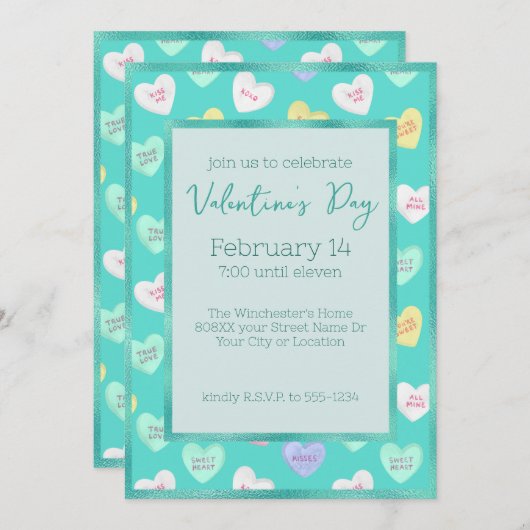 レトロバレンタインデイキャンディハートオンティール（緑がかった色） 招待状 (正面/裏面)