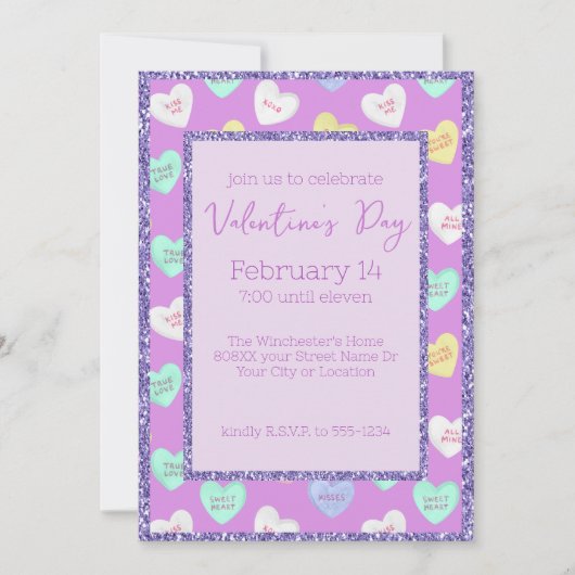 レトロバレンタインデイキャンディハートオンパープル 招待状 (正面)