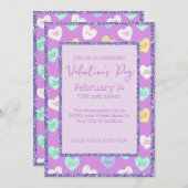 レトロバレンタインデイキャンディハートオンパープル 招待状 (正面/裏面)