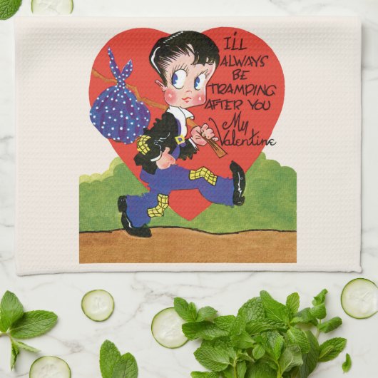 レトロバレンタインデーヴィンテージホボボーイハート キッチンタオル (折り畳み)