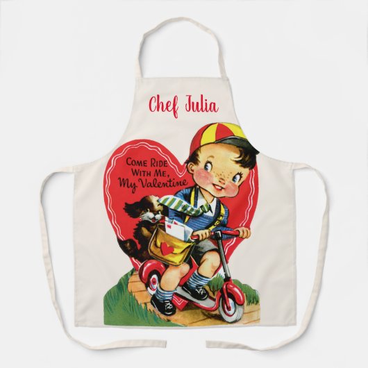 レトロバレンタインデーヴィンテージ少年オンザスクーター エプロン (正面)