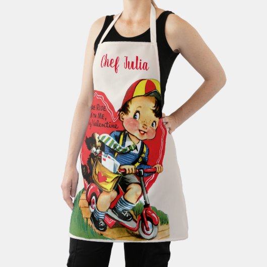 レトロバレンタインデーヴィンテージ少年オンザスクーター エプロン (インサイチュ)