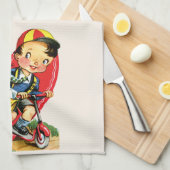 レトロバレンタインデーヴィンテージ少年オンザスクーター キッチンタオル (四つ折り)