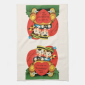 レトロバレンタインデー、ヴィンテージガールと少年の車 キッチンタオル (縦)