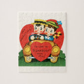 レトロバレンタインデー、ヴィンテージガールと少年の車 ジグソーパズル (縦)