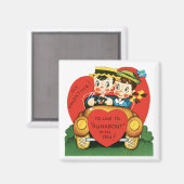 レトロバレンタインデー、ヴィンテージガールと少年の車 マグネット (正面/裏面)