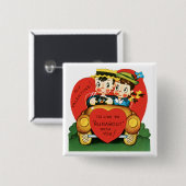 レトロバレンタインデー、ヴィンテージガールと少年の車 缶バッジ (正面&裏面)