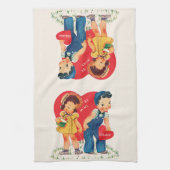 レトロバレンタインデー、ヴィンテージガール&ボーイハート キッチンタオル (縦)