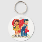 レトロバレンタインデー、ヴィンテージガール&ボーイハート キーホルダー (正面)