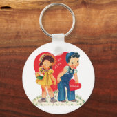 レトロバレンタインデー、ヴィンテージガール&ボーイハート キーホルダー (正面)