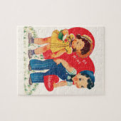 レトロバレンタインデー、ヴィンテージガール&ボーイハート ジグソーパズル (横)