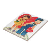 レトロバレンタインデー、ヴィンテージガール&ボーイハート タイル (側面)