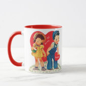レトロバレンタインデー、ヴィンテージガール&ボーイハート マグカップ (左)