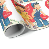 レトロバレンタインデー、ヴィンテージガール&ボーイハート ラッピングペーパー (ロールコーナー)