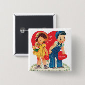 レトロバレンタインデー、ヴィンテージガール&ボーイハート 缶バッジ (正面&裏面)