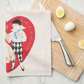 レトロバレンタインデー、ヴィンテージハーレクインとハート キッチンタオル (四つ折り)