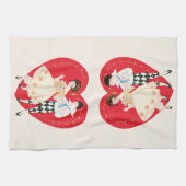 レトロバレンタインデー、ヴィンテージハーレクインとハート キッチンタオル (横)