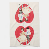 レトロバレンタインデー、ヴィンテージハーレクインとハート キッチンタオル (縦)