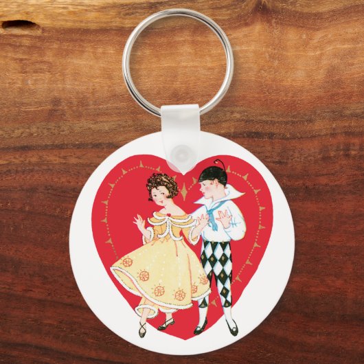 レトロバレンタインデー、ヴィンテージハーレクインとハート キーホルダー (裏面)