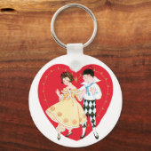 レトロバレンタインデー、ヴィンテージハーレクインとハート キーホルダー (正面)